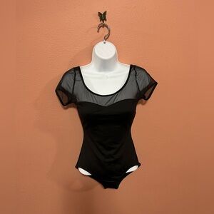 Capezio black leotard with short sleeves and sheer detail